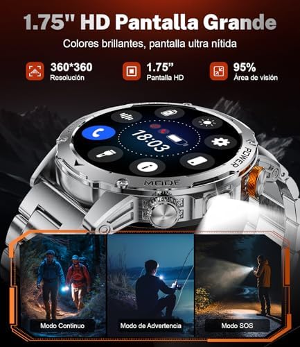 LIGE Smartwatch Hombre 1000mAh Duración Batería, LED Linterna y Pulsómetro, Plata