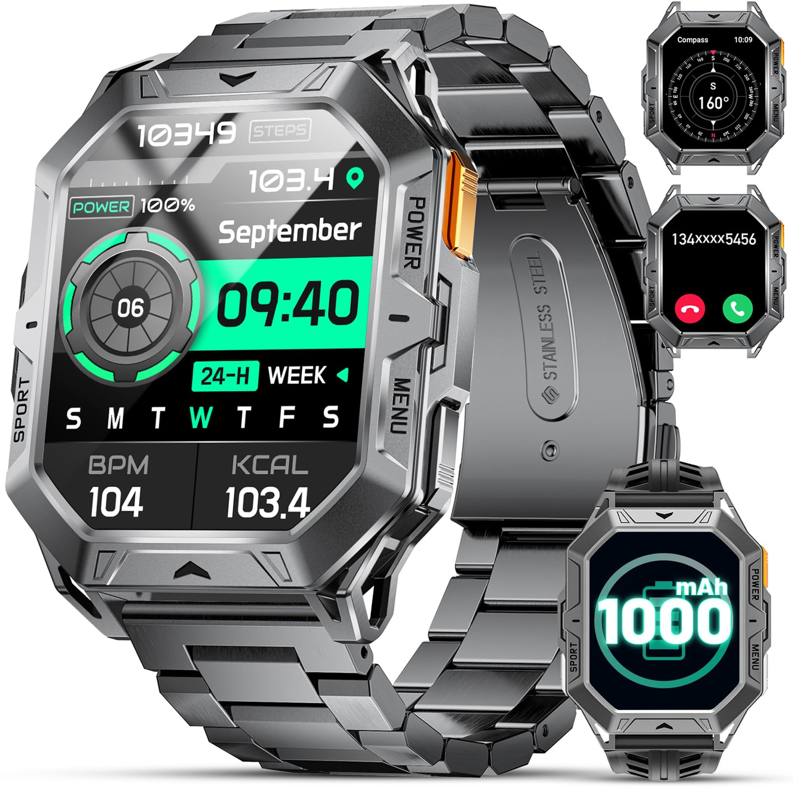 Inteligente Reloj Hombre 1000 mAh 50 Días Batería 2,13'' AMOLED Podómetro/Brújula/Altitud Impermeable 10ATM Deportivos P