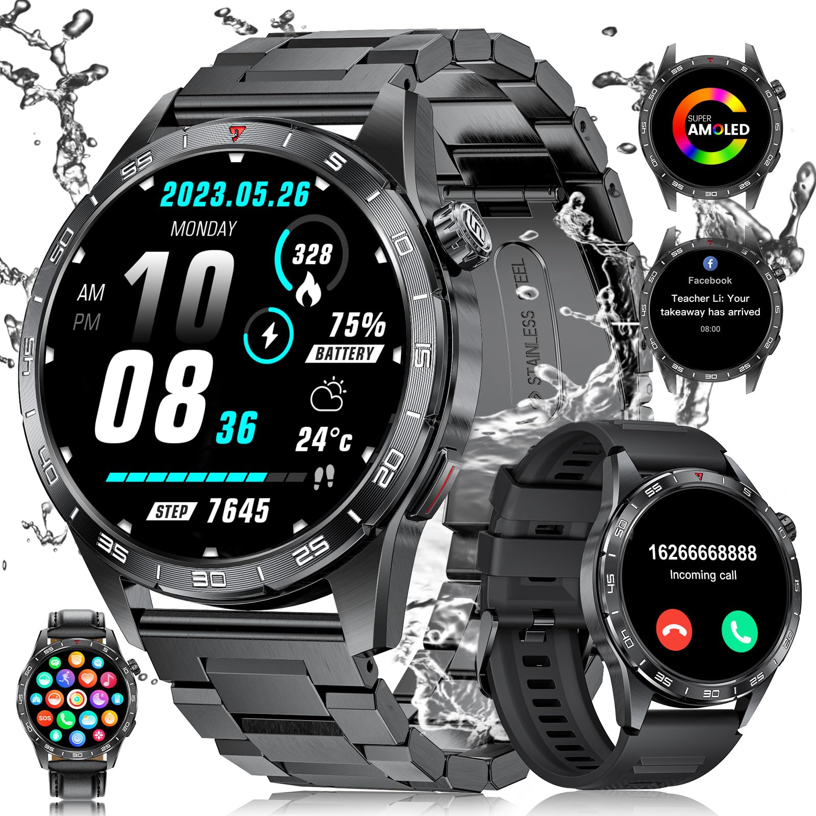 ESFOE Reloj Inteligente para Hombres con 3 Correas, Llamadas para Android y iOS, IP68 Impermeable Smartwatch Fitness Mon