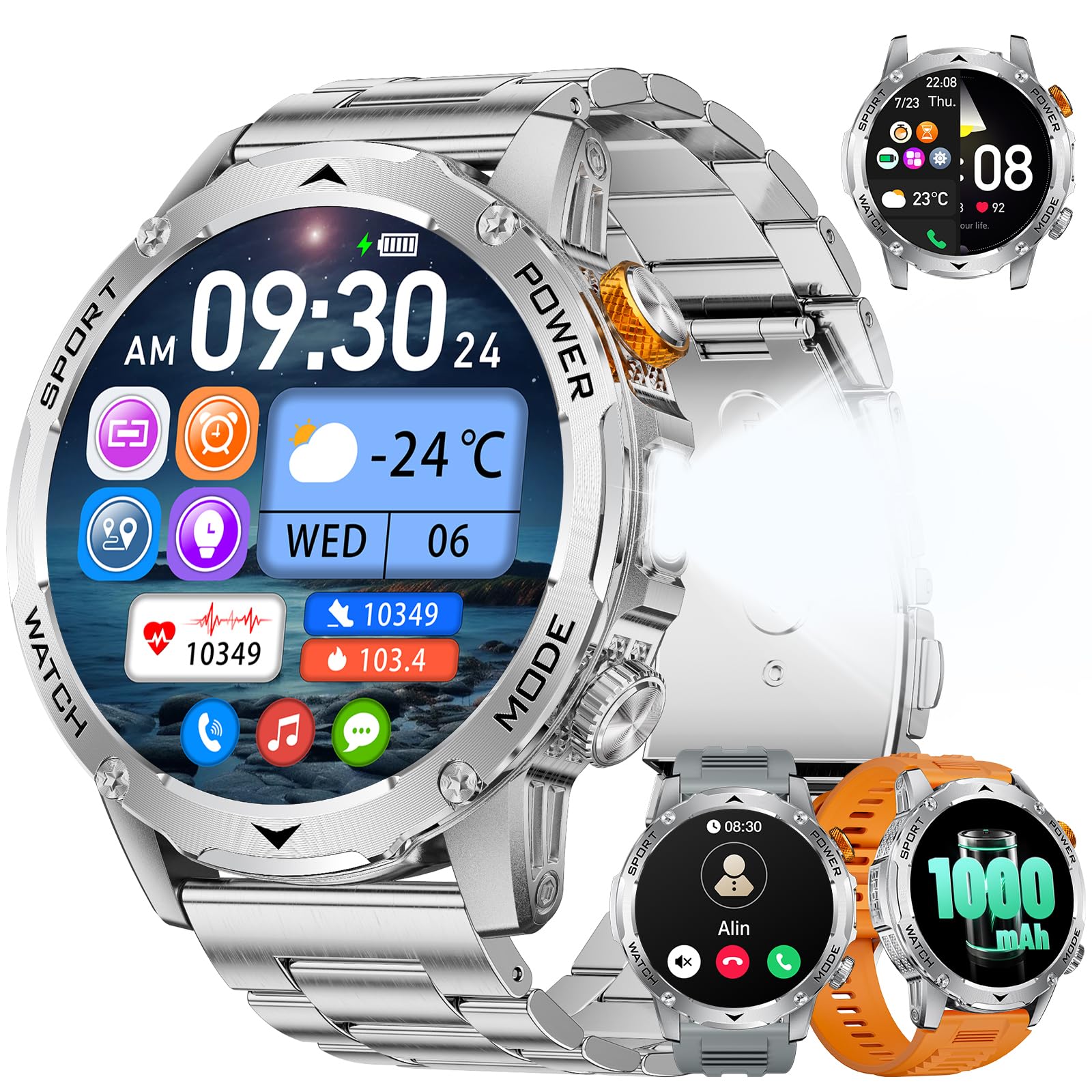 LIGE Smartwatch Hombre 1000mAh Duración Batería, LED Linterna y Pulsómetro, Plata