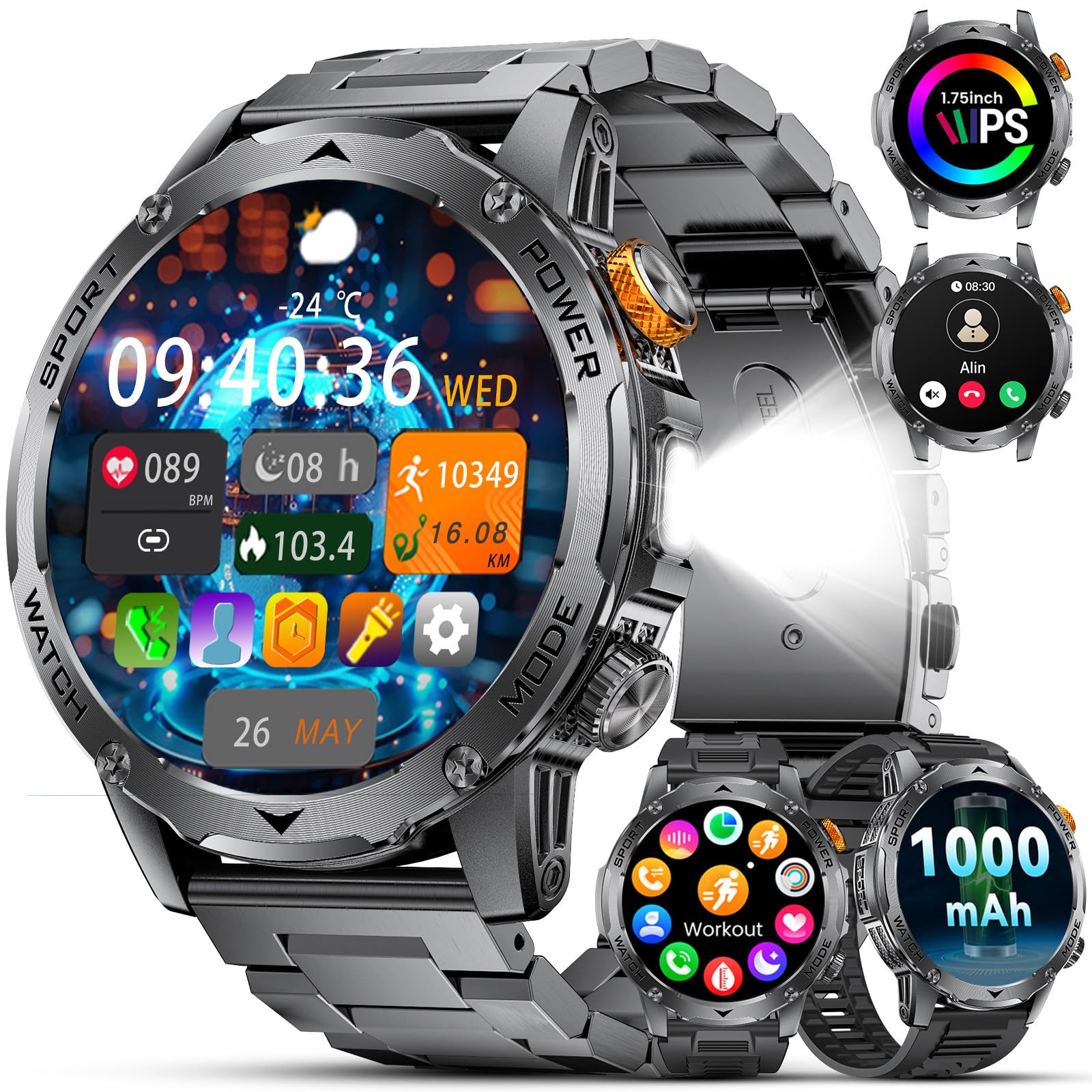 2025 Reloj Inteligente Hombre Militar para Android iOS con Linterna y Monitor de Sueño