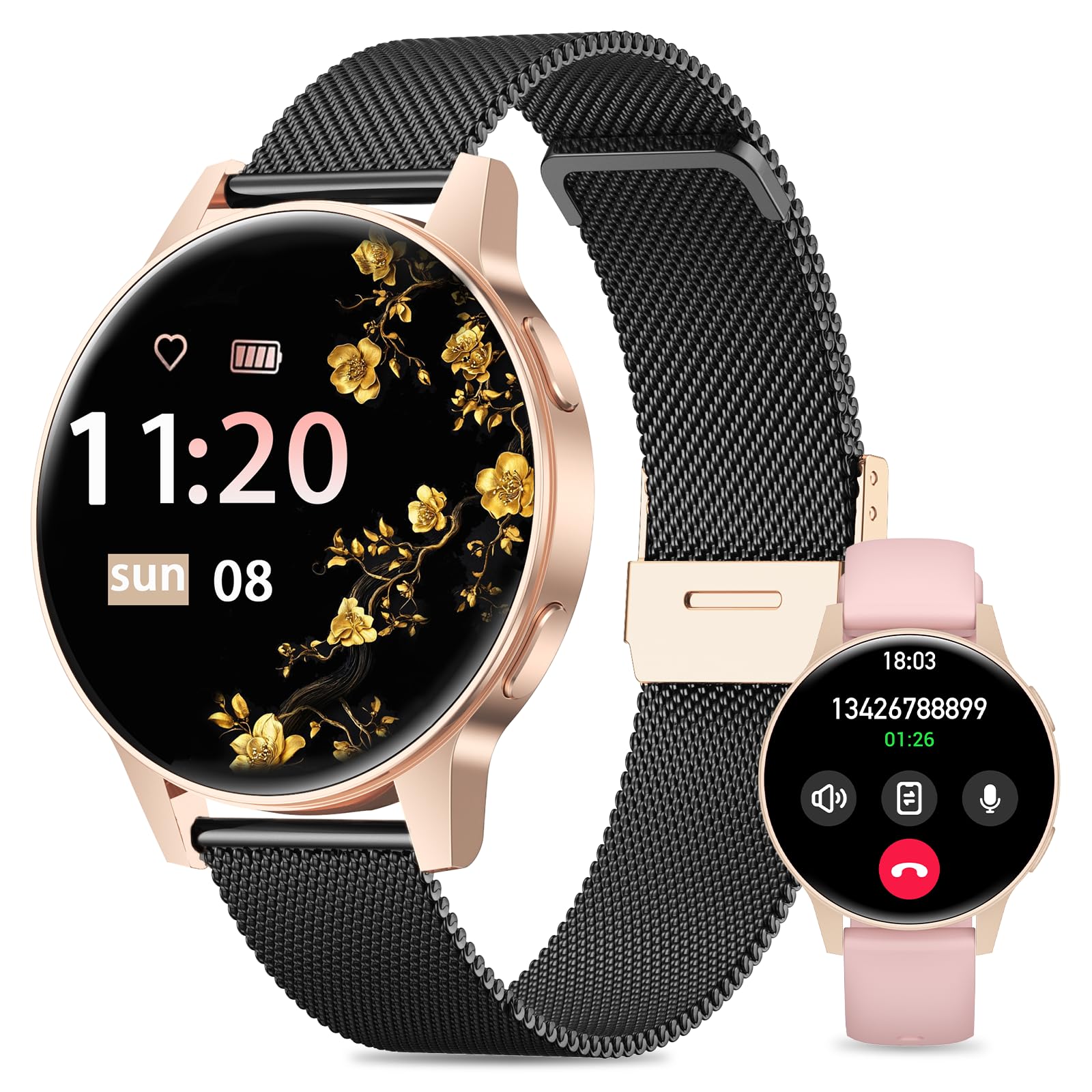 Reloj inteligente mujer con llamadas Bluetooth y monitor de sueño (Schwarz Gold)