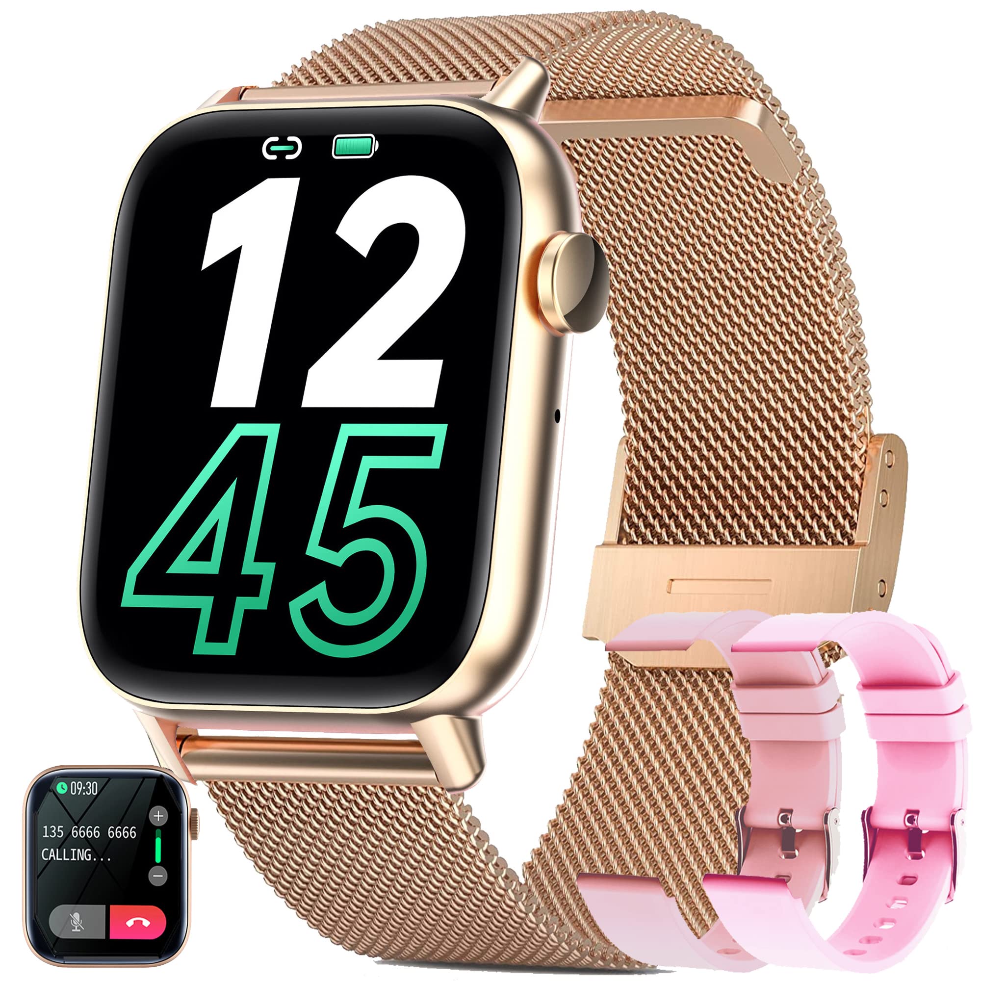 Reloj Inteligente Mujer Llamada Bluetooth Oro, Asistente de Voz y Monitoreo Cardíaco Smartwatch para Android e iOS (Oro)
